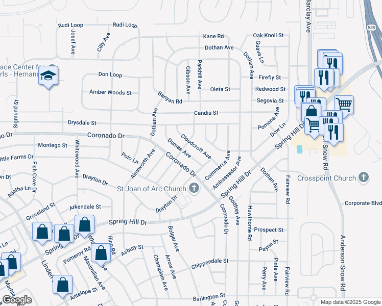 map of restaurants, bars, coffee shops, grocery stores, and more near 3020 Dumas Avenue in Spring Hill