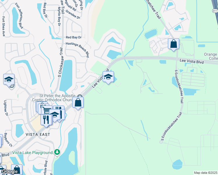 map of restaurants, bars, coffee shops, grocery stores, and more near 9290 Lee Vista Boulevard in Orlando