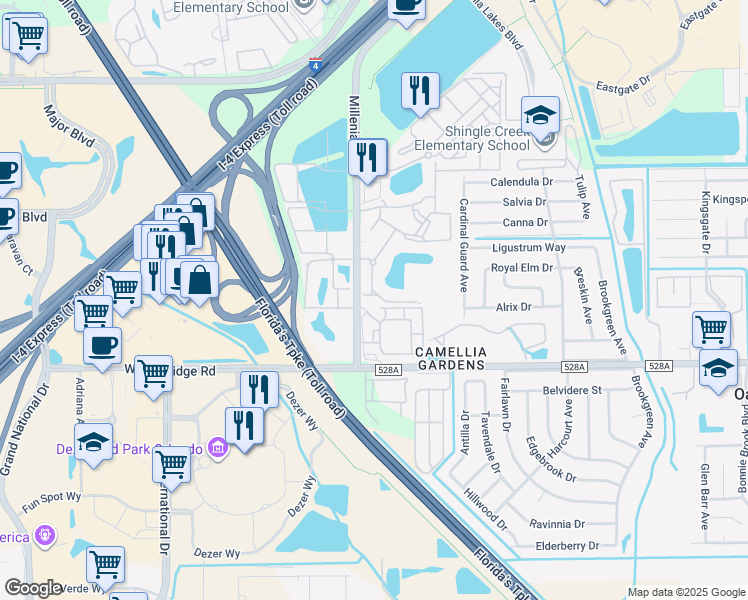 map of restaurants, bars, coffee shops, grocery stores, and more near 5262 Millenia Boulevard in Orlando