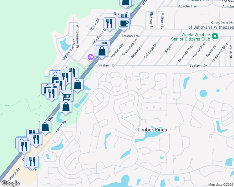 map of restaurants, bars, coffee shops, grocery stores, and more near 6620 Brambleleaf Drive in Spring Hill