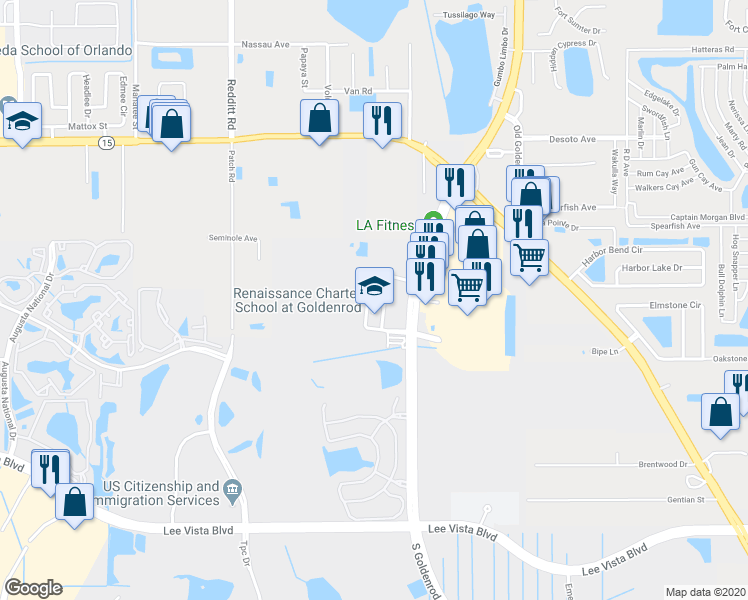map of restaurants, bars, coffee shops, grocery stores, and more near 6112 South Goldenrod Road in Orlando