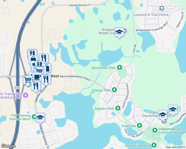 map of restaurants, bars, coffee shops, grocery stores, and more near 15601 New Independence Parkway in Winter Garden