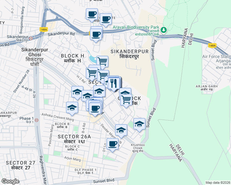 map of restaurants, bars, coffee shops, grocery stores, and more near in Gurugram