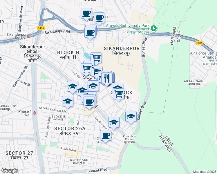 map of restaurants, bars, coffee shops, grocery stores, and more near in Gurugram