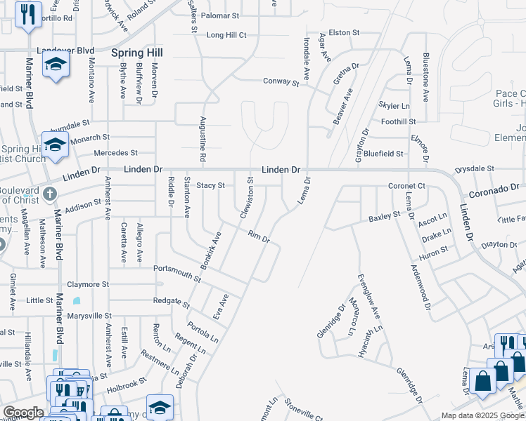 map of restaurants, bars, coffee shops, grocery stores, and more near 3016 Barbados Avenue in Spring Hill