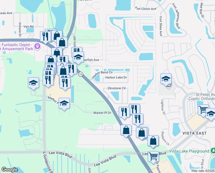 map of restaurants, bars, coffee shops, grocery stores, and more near 8050 Elmstone Circle in Orlando