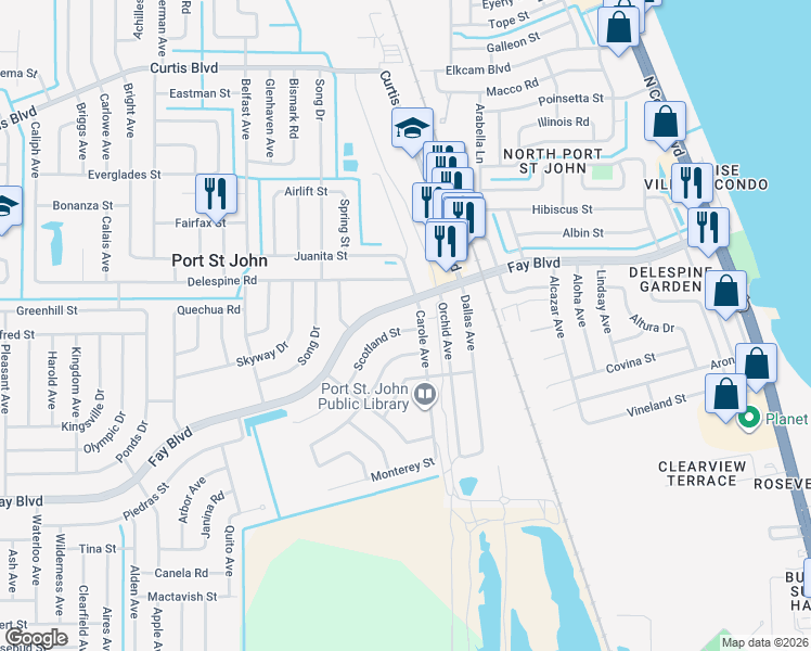 map of restaurants, bars, coffee shops, grocery stores, and more near 3855 Scotland Street in Cocoa