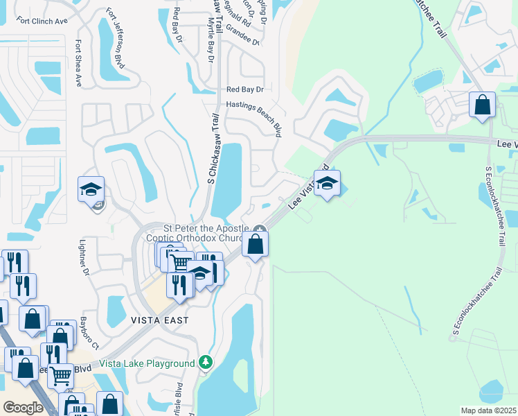 map of restaurants, bars, coffee shops, grocery stores, and more near 8909 Lee Vista Boulevard in Orlando