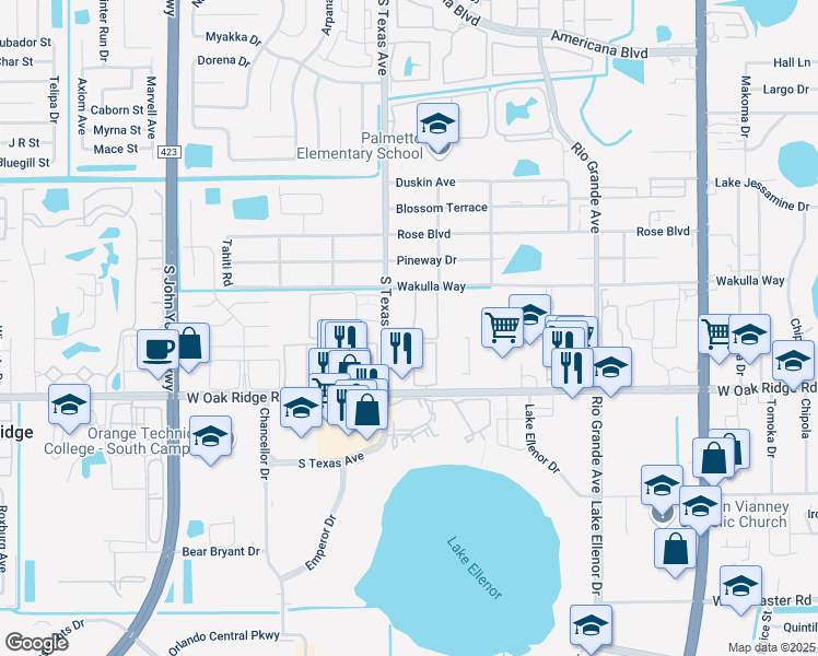 map of restaurants, bars, coffee shops, grocery stores, and more near 5790 Stoneridge Court in Orlando