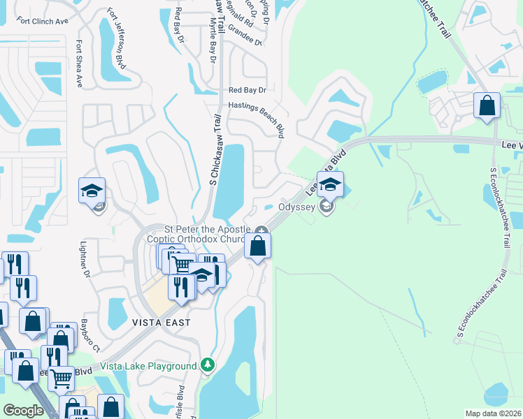 map of restaurants, bars, coffee shops, grocery stores, and more near 8909 Lee Vista Boulevard in Orlando