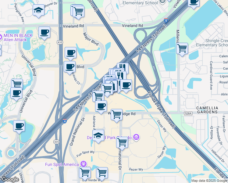 map of restaurants, bars, coffee shops, grocery stores, and more near 4951 International Drive in Orlando
