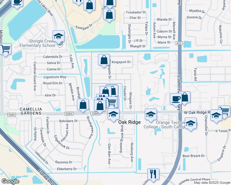 map of restaurants, bars, coffee shops, grocery stores, and more near 5739 Kingsgate Drive in Orlando