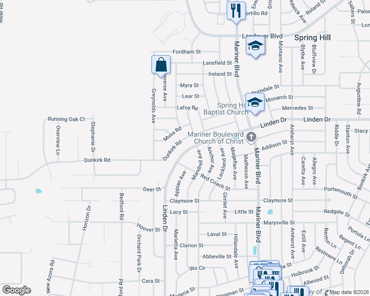 map of restaurants, bars, coffee shops, grocery stores, and more near 12269 Linden Drive in Spring Hill