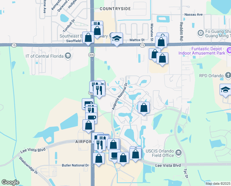 map of restaurants, bars, coffee shops, grocery stores, and more near 5789 Bent Pine Drive in Orlando