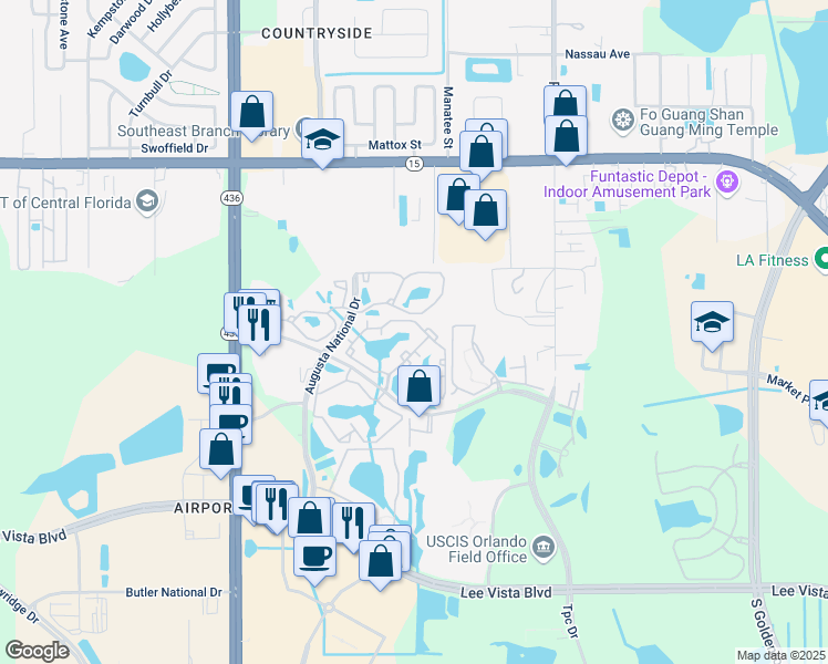 map of restaurants, bars, coffee shops, grocery stores, and more near 5941 Bent Pine Drive in Orlando