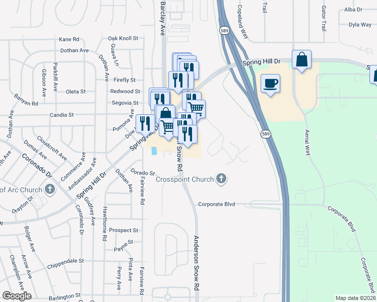 map of restaurants, bars, coffee shops, grocery stores, and more near 3042 Anderson Snow Road in Spring Hill