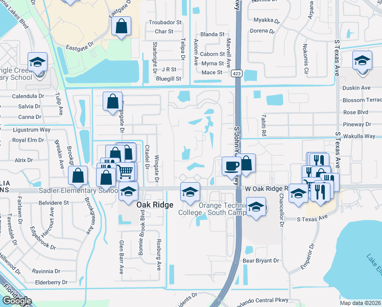 map of restaurants, bars, coffee shops, grocery stores, and more near Double Eagle Dr in Orlando