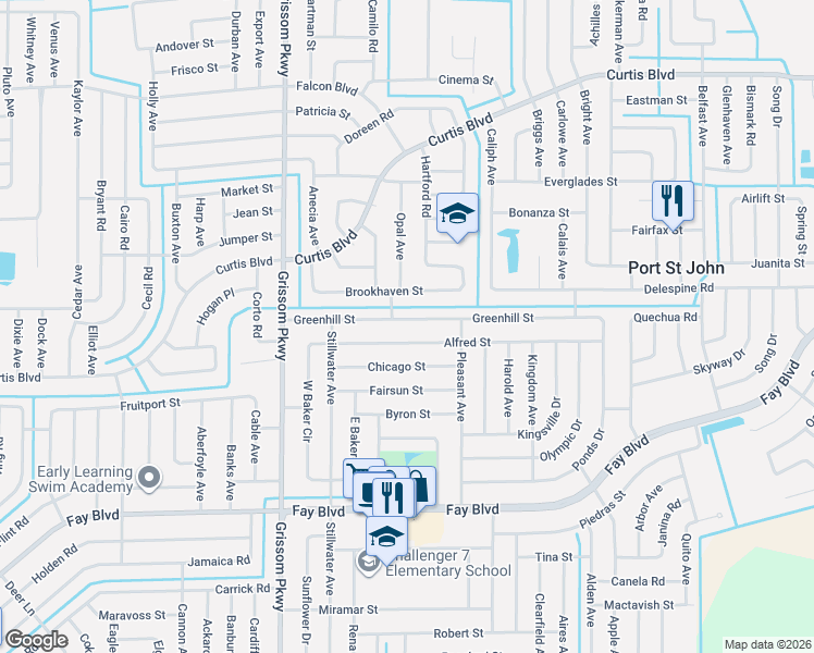 map of restaurants, bars, coffee shops, grocery stores, and more near 4732 Alfred Street in Cocoa