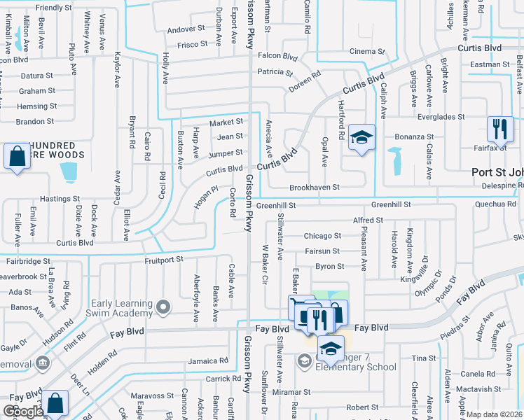 map of restaurants, bars, coffee shops, grocery stores, and more near 6578 West Baker Circle in Cocoa