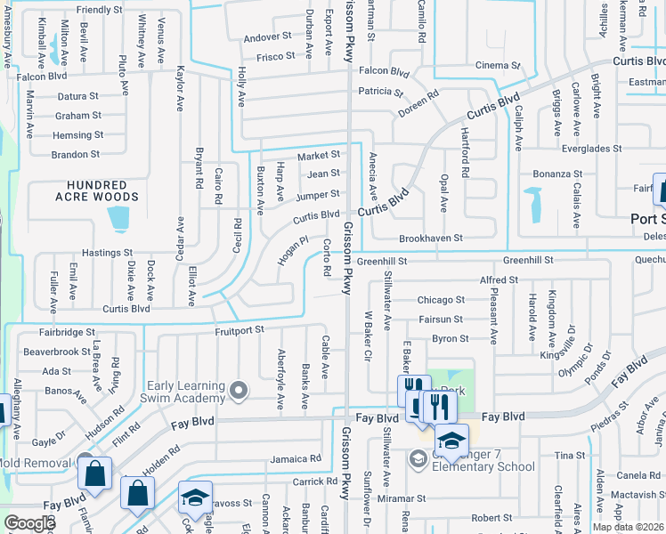 map of restaurants, bars, coffee shops, grocery stores, and more near 6625 Corto Road in Cocoa