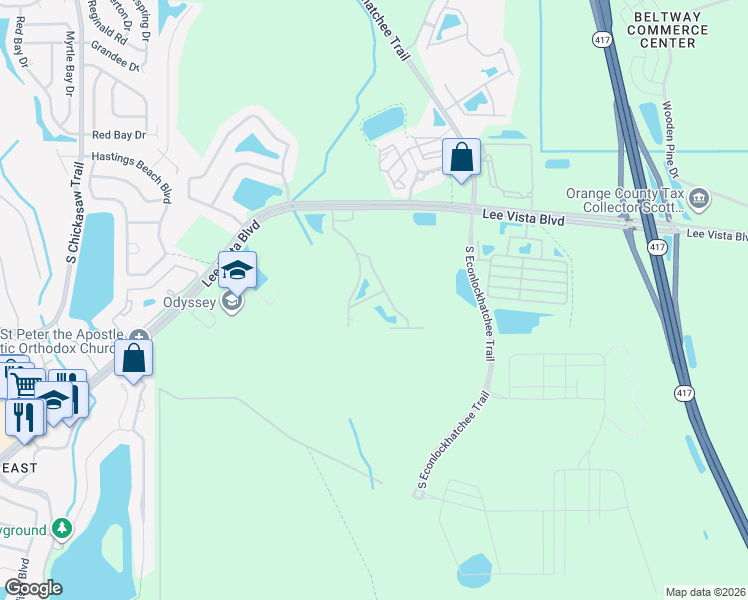 map of restaurants, bars, coffee shops, grocery stores, and more near 9520 Muse Place in Orlando