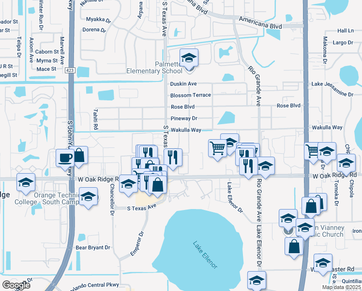 map of restaurants, bars, coffee shops, grocery stores, and more near 5790 Stoneridge Court in Orlando