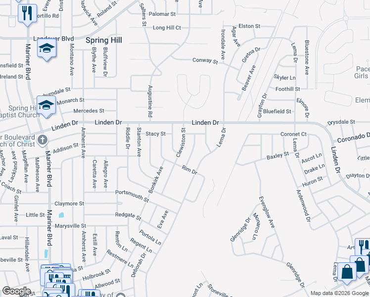map of restaurants, bars, coffee shops, grocery stores, and more near 3016 Clewiston Street in Spring Hill