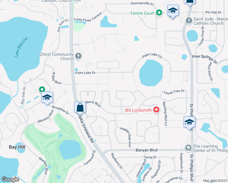 map of restaurants, bars, coffee shops, grocery stores, and more near 6124 Huckleberry Avenue in Orlando