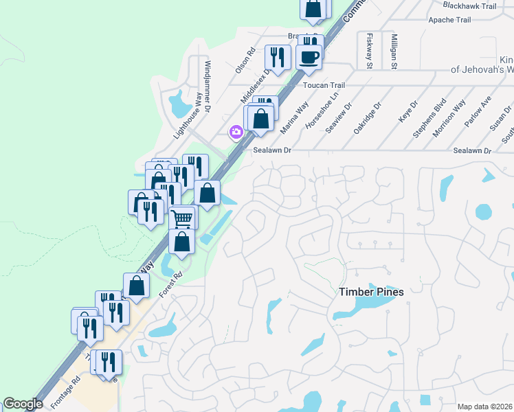map of restaurants, bars, coffee shops, grocery stores, and more near 6430 Lost Tree Lane in Spring Hill