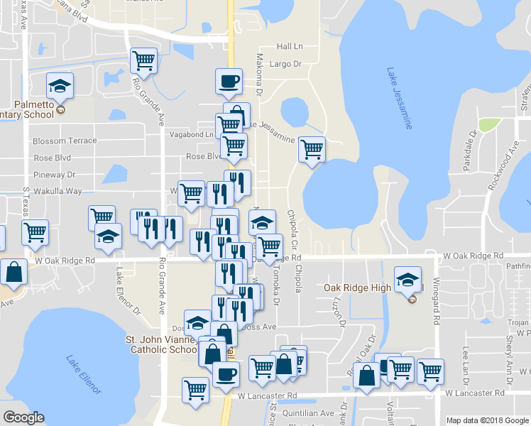 map of restaurants, bars, coffee shops, grocery stores, and more near 5798 Tomoka Drive in Orlando