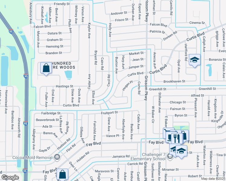 map of restaurants, bars, coffee shops, grocery stores, and more near 5250 Curtis Boulevard in Cocoa