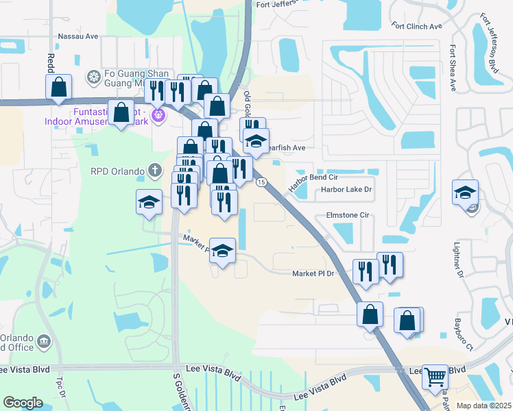 map of restaurants, bars, coffee shops, grocery stores, and more near in Orlando