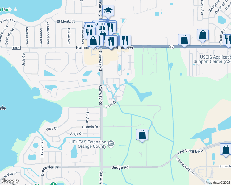 map of restaurants, bars, coffee shops, grocery stores, and more near 4591 Cove Drive in Orlando