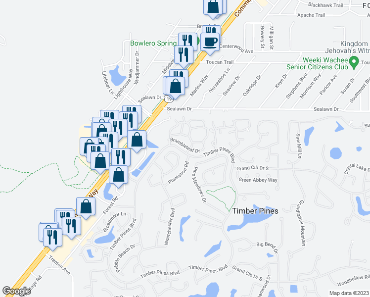 map of restaurants, bars, coffee shops, grocery stores, and more near 6596 Brambleleaf Drive in Spring Hill