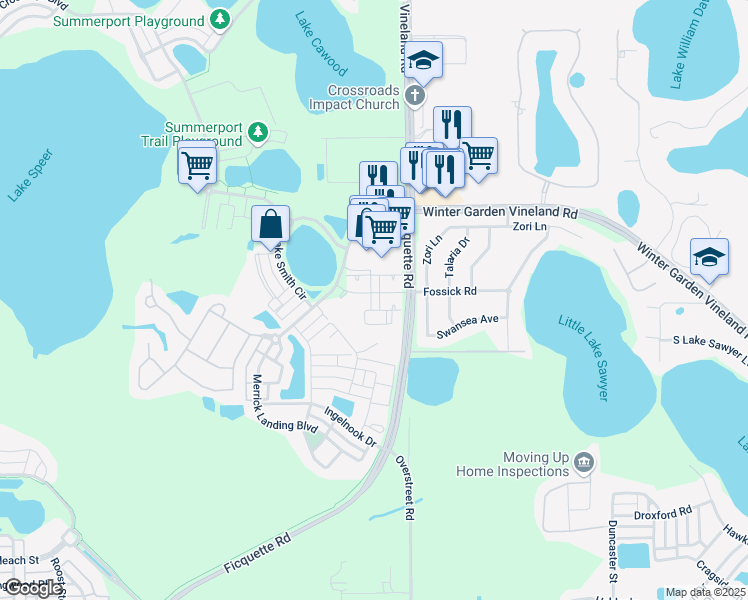 map of restaurants, bars, coffee shops, grocery stores, and more near 13660 Summerport Village Parkway in Windermere