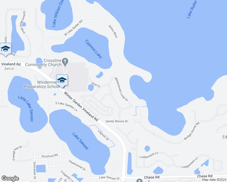 map of restaurants, bars, coffee shops, grocery stores, and more near 12042 Waterstone Loop Drive in Windermere