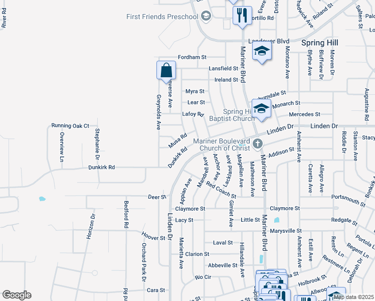 map of restaurants, bars, coffee shops, grocery stores, and more near 10370 Dunkirk Road in Spring Hill