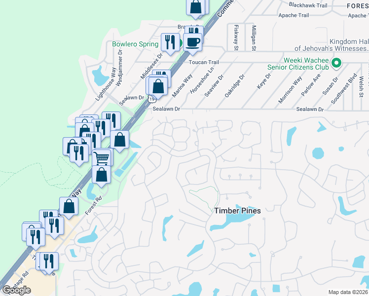 map of restaurants, bars, coffee shops, grocery stores, and more near 6620 Brambleleaf Drive in Spring Hill