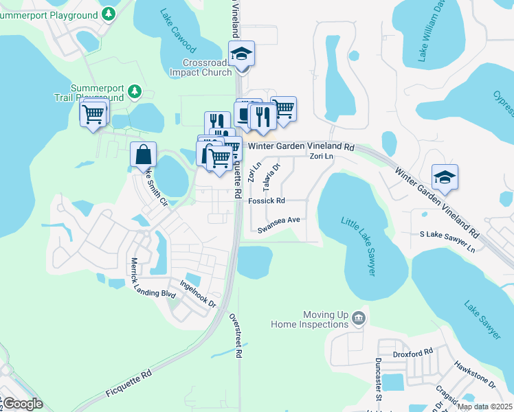 map of restaurants, bars, coffee shops, grocery stores, and more near 13631 Zori Lane in Windermere