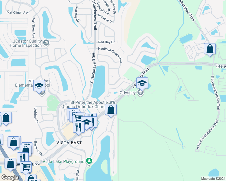 map of restaurants, bars, coffee shops, grocery stores, and more near 8909 Lee Vista Boulevard in Orlando