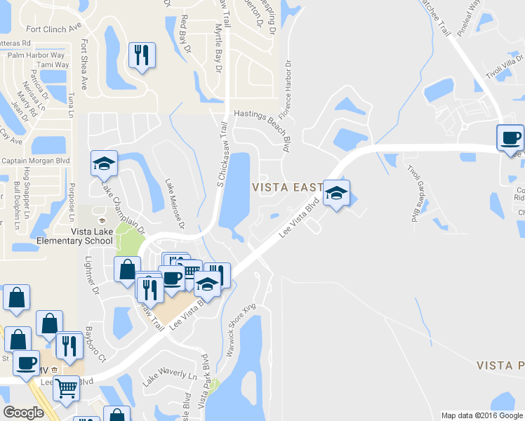 map of restaurants, bars, coffee shops, grocery stores, and more near 8909 Lee Vista Boulevard in Orlando
