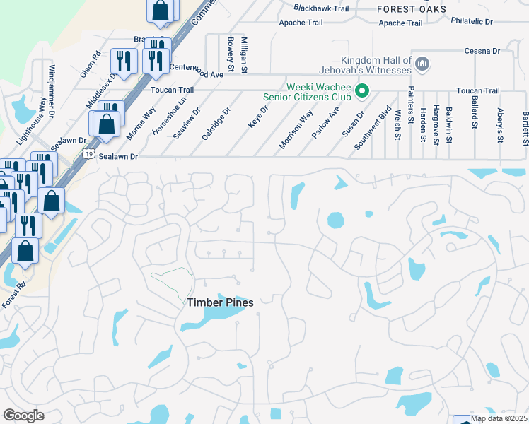 map of restaurants, bars, coffee shops, grocery stores, and more near 7273 Sugarbush Drive in Spring Hill