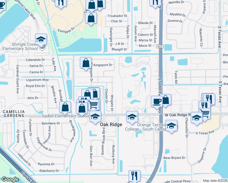 map of restaurants, bars, coffee shops, grocery stores, and more near 5758 Wingate Drive in Orlando