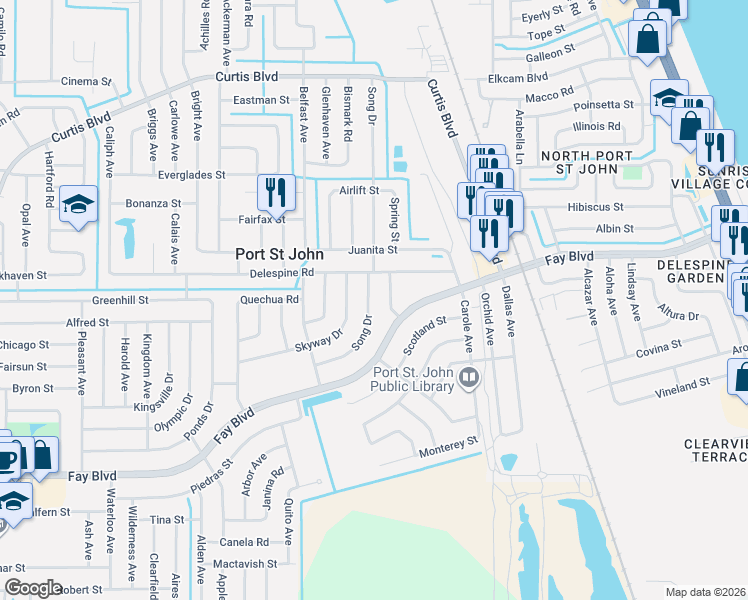 map of restaurants, bars, coffee shops, grocery stores, and more near 3950 Fay Boulevard in Cocoa