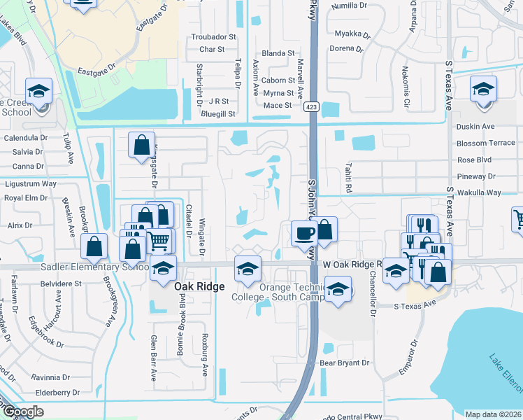 map of restaurants, bars, coffee shops, grocery stores, and more near 5750-5850 Pga Blvd in Orlando