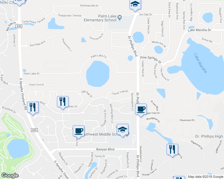 map of restaurants, bars, coffee shops, grocery stores, and more near 8132 Laurel Tree Drive in Orlando
