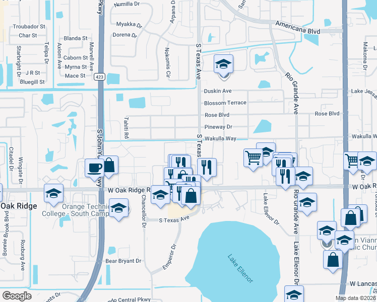 map of restaurants, bars, coffee shops, grocery stores, and more near 5764 South Texas Avenue in Orlando