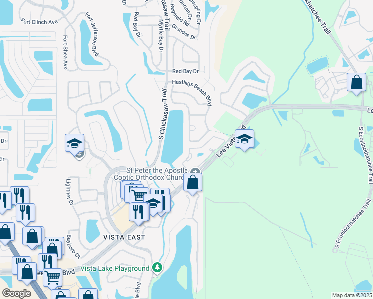 map of restaurants, bars, coffee shops, grocery stores, and more near 9053 Lee Vista Boulevard in Orlando
