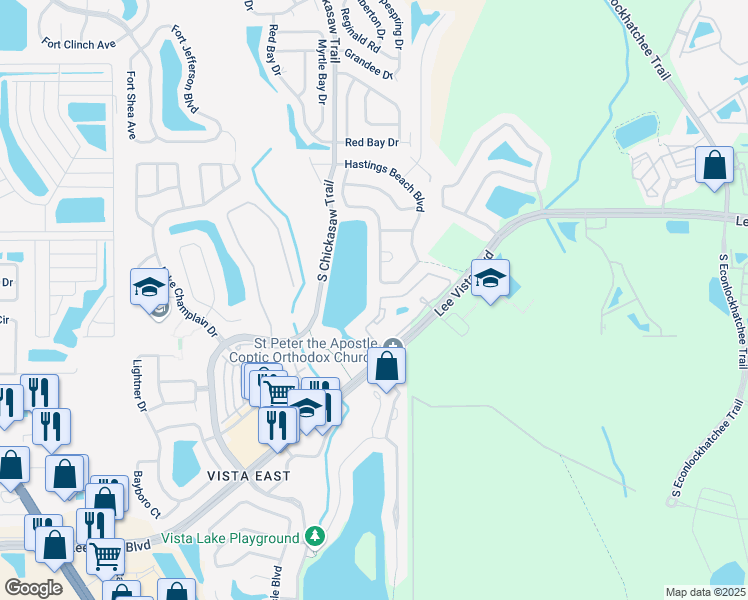 map of restaurants, bars, coffee shops, grocery stores, and more near 9053 Lee Vista Boulevard in Orlando