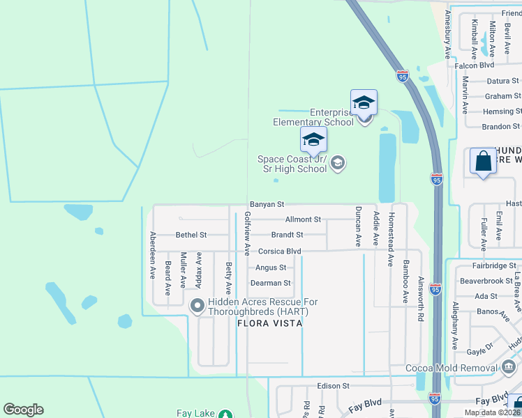 map of restaurants, bars, coffee shops, grocery stores, and more near 6335 Allmont Street in Cocoa